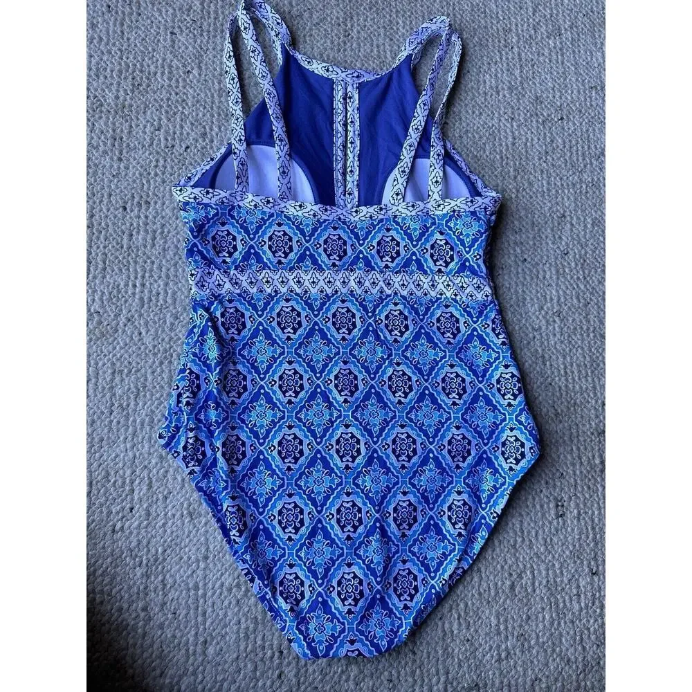 Tommy Bahama Womens Blue Tika Tiles Cutout Halter One-Piece Swimsuit Size 8
